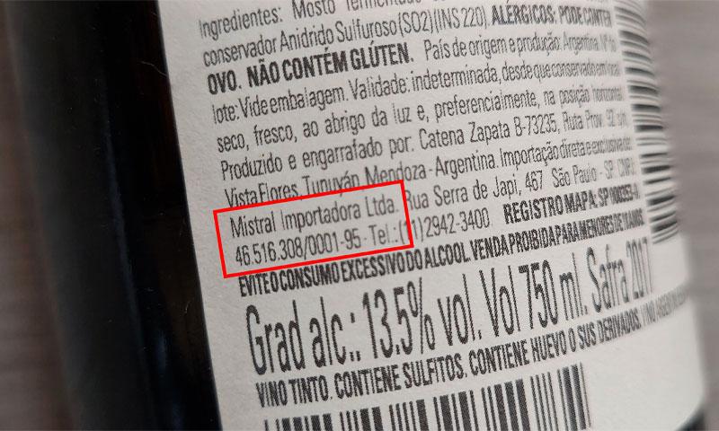 Contra-rótulo de vinho - Identificação do importador