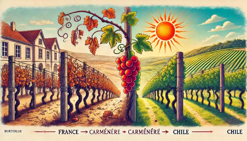 Ilustracao mostrando o caminho da Carmenere ate o Chile