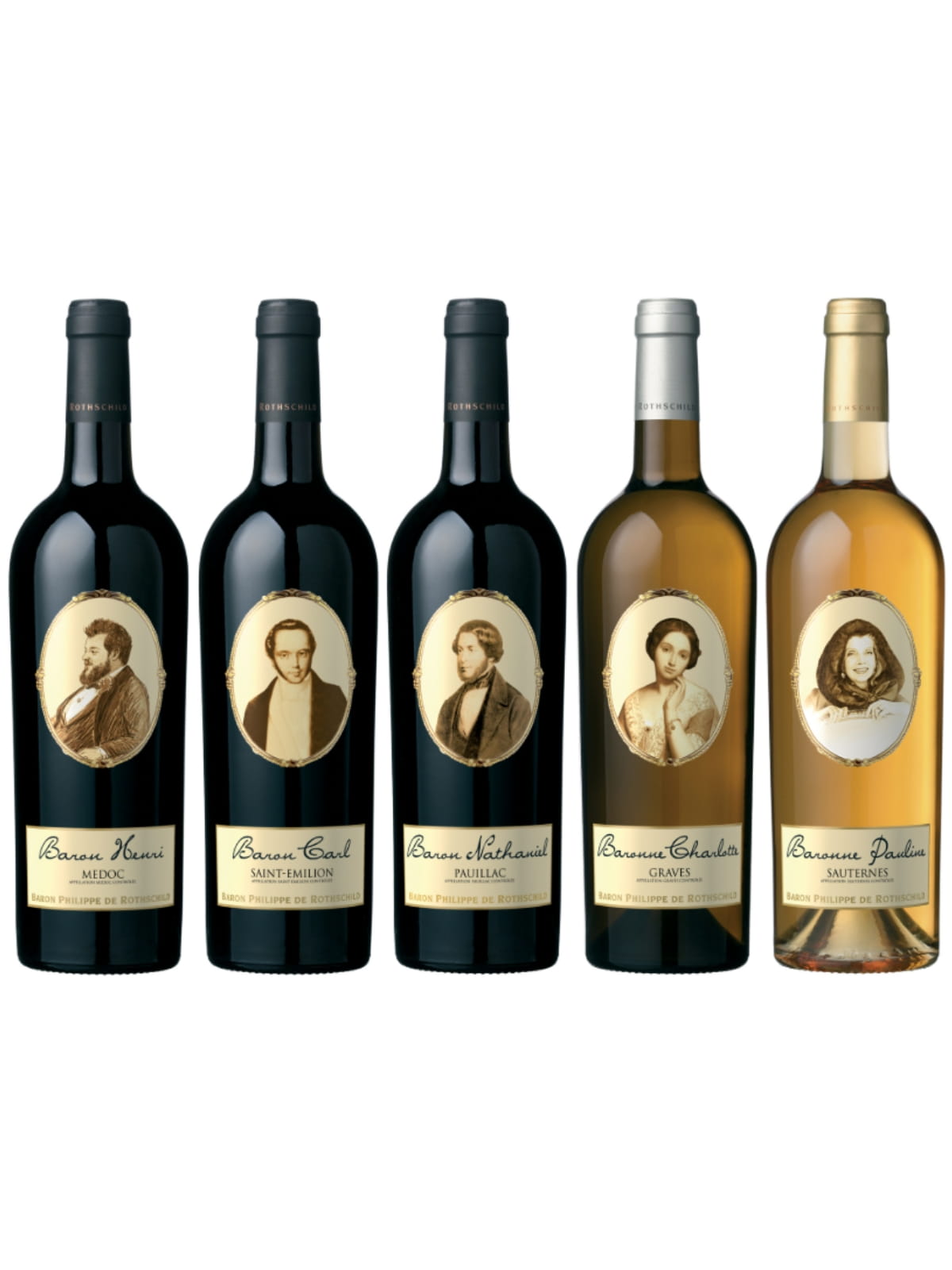 Kit Les Cuvees Baron Philippe de Rothschild-squished Kit para presente com vinho tinto, branco e de sobremesa da França Barons et Baronnes